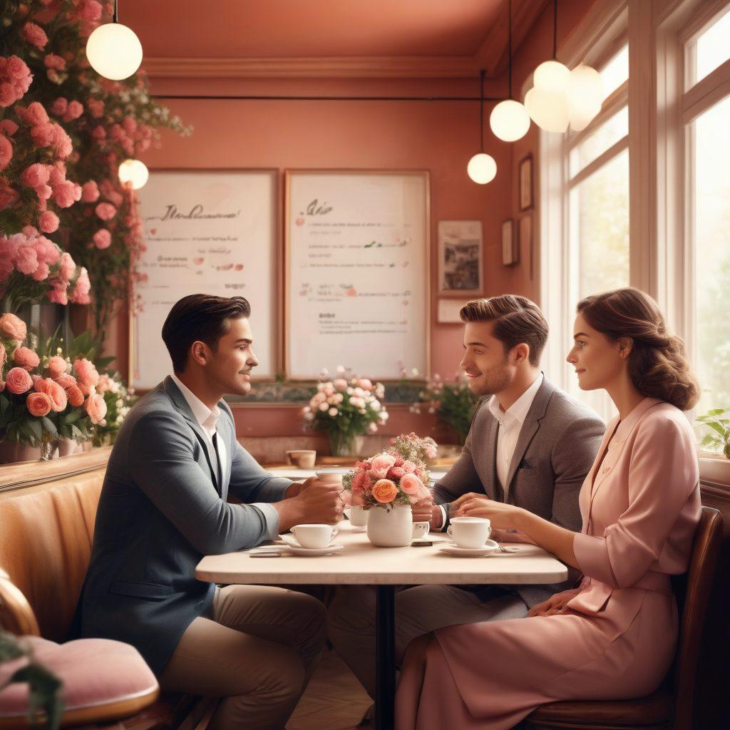 An elegant couple exchanging brief but meaningful glances in a cozy café, surrounded by blooming flowers symbolizing love, with visual elements highlighting the power of succinct communication through speech bubbles filled with heart symbols. The background features soft warm tones, creating an inviting atmosphere. super-realistic. vibrant colors. intimate setting.