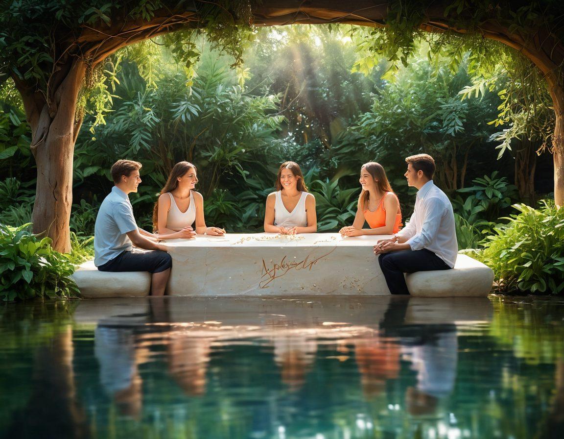 A serene space adorned with soft, warm lighting featuring a diverse group of people engaged in heartfelt conversations, showcasing expressions of joy and understanding. In the foreground, a gentle reminder written in elegant script: 'Affection through Clarity'. The background should have calming nature elements such as plants and flowing water to symbolize growth and nurturing relationships. super-realistic. vibrant colors. warm tones.