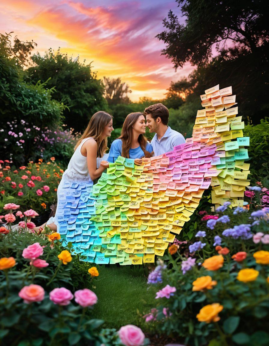 A whimsical, vibrant scene depicting a couple sharing short, sweet notes on colorful post-its, surrounded by a lush, romantic garden filled with blooming flowers. The background features a soft sunset, creating a warm ambiance, with the words 'Love Simple' gently swirling in the air. super-realistic. vibrant colors. dreamy atmosphere.